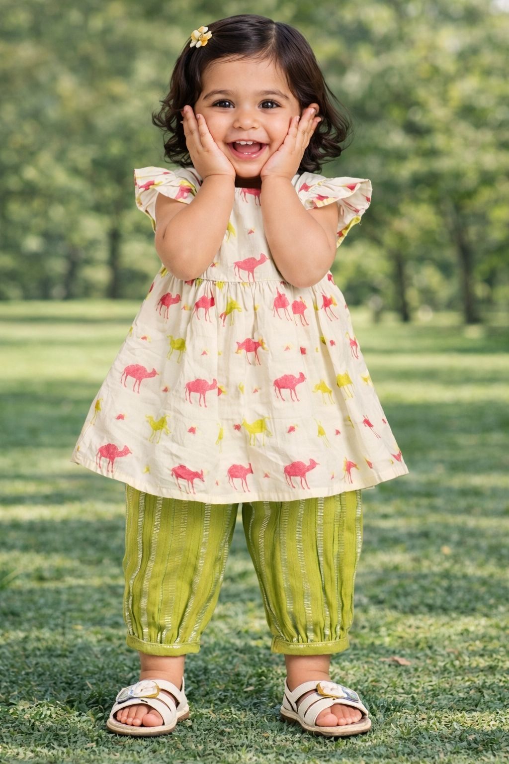 Pspeaches Baby Girls Beige & Green Ethnic Camel Print Cotton A-Line Kurta & Pant Set ( Sku-Ing-Camel )