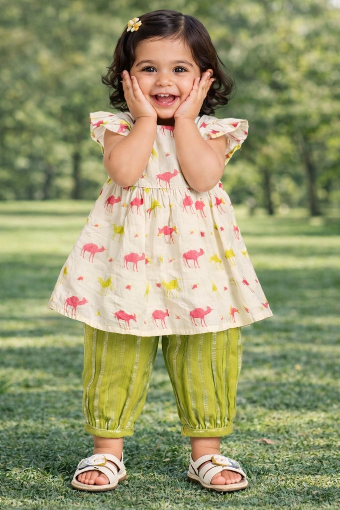Pspeaches Baby Girls Beige & Green Ethnic Camel Print Cotton A-Line Kurta & Pant Set ( Sku-Ing-Camel )