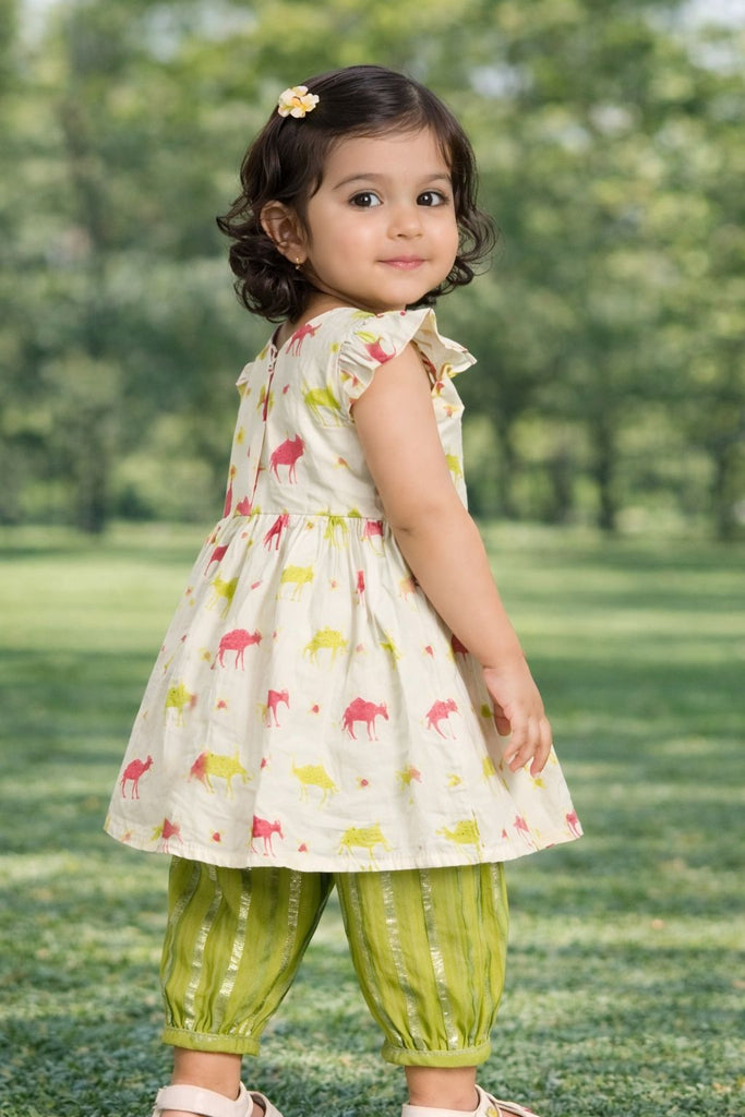 Pspeaches Baby Girls Beige & Green Ethnic Camel Print Cotton A-Line Kurta & Pant Set ( Sku-Ing-Camel )