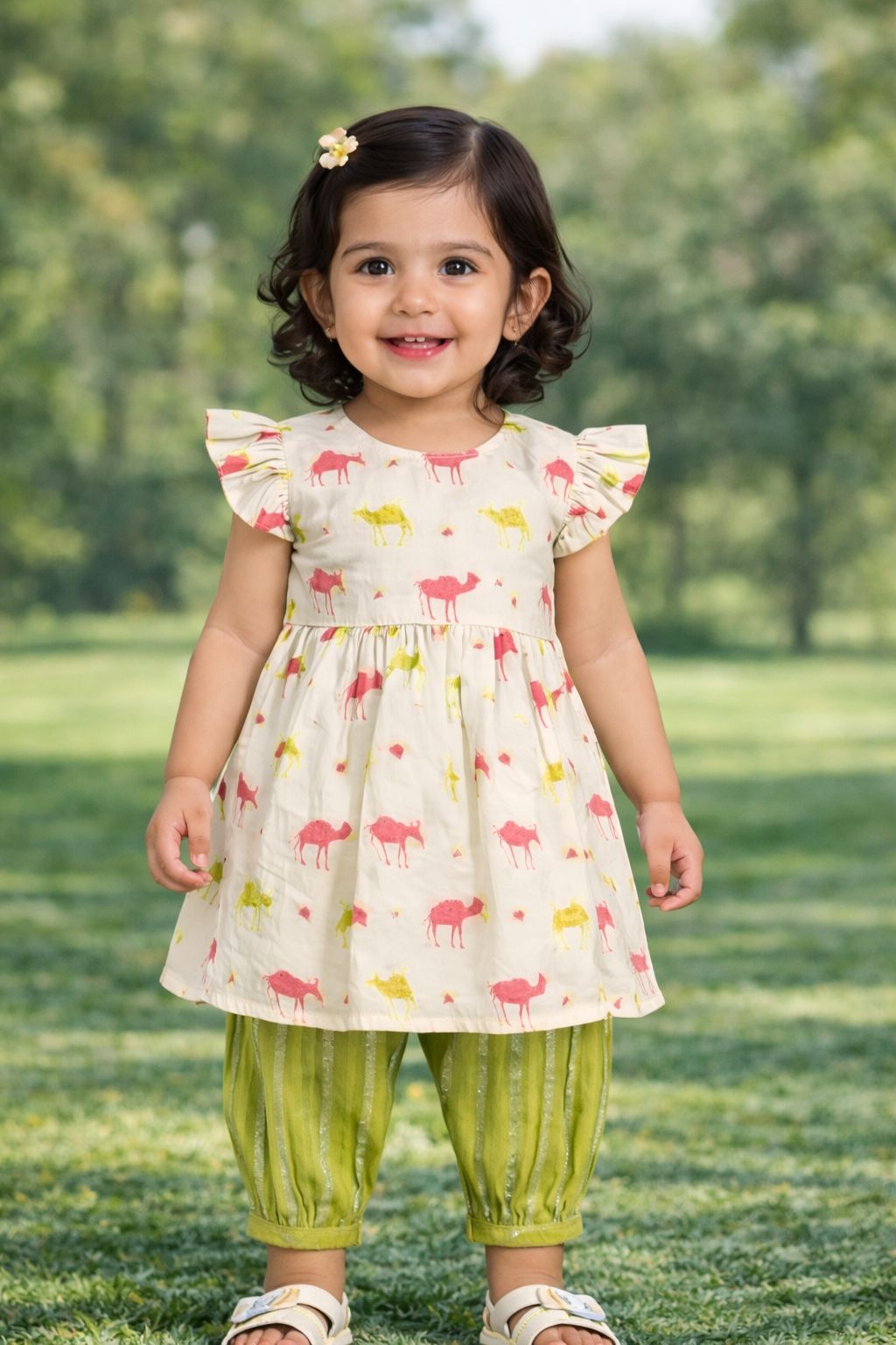 Pspeaches Baby Girls Beige & Green Ethnic Camel Print Cotton A-Line Kurta & Pant Set ( Sku-Ing-Camel )