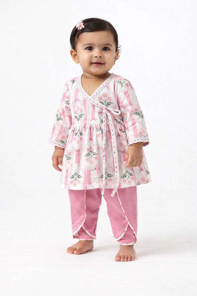 Pspeaches Baby Girls Pink & White Ethnic Booti Print Cotton Angrakha Kurta With Dhoti Pant Set ( Sku-Ing-Pinkbooti )