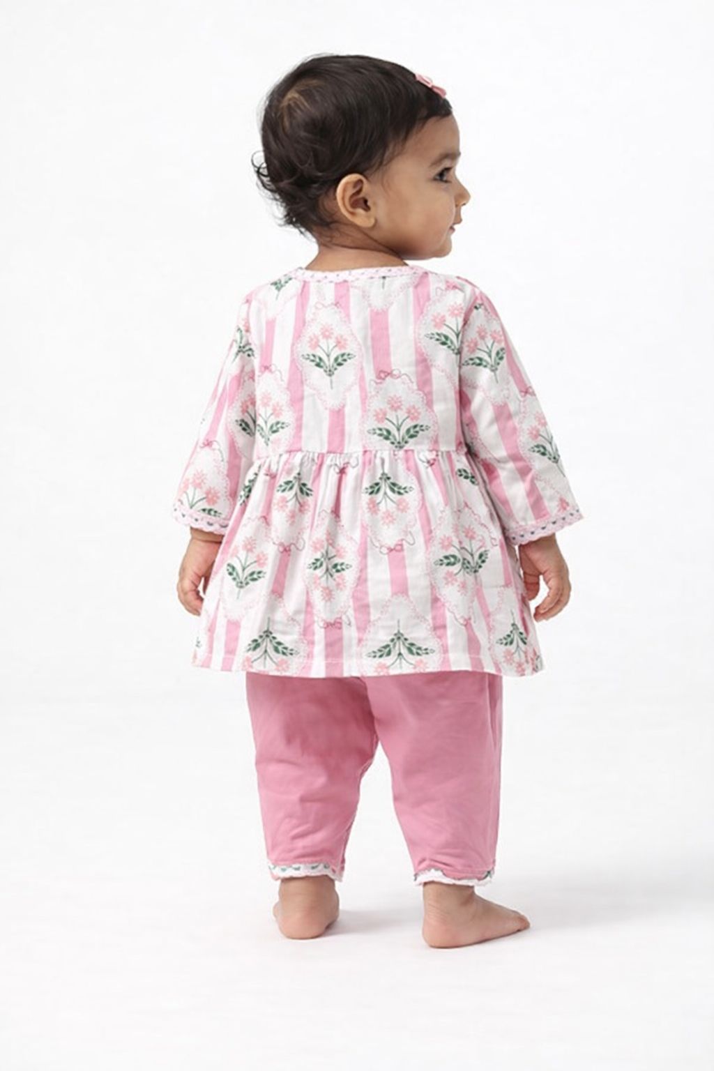 Pspeaches Baby Girls Pink & White Ethnic Booti Print Cotton Angrakha Kurta With Dhoti Pant Set ( Sku-Ing-Pinkbooti )