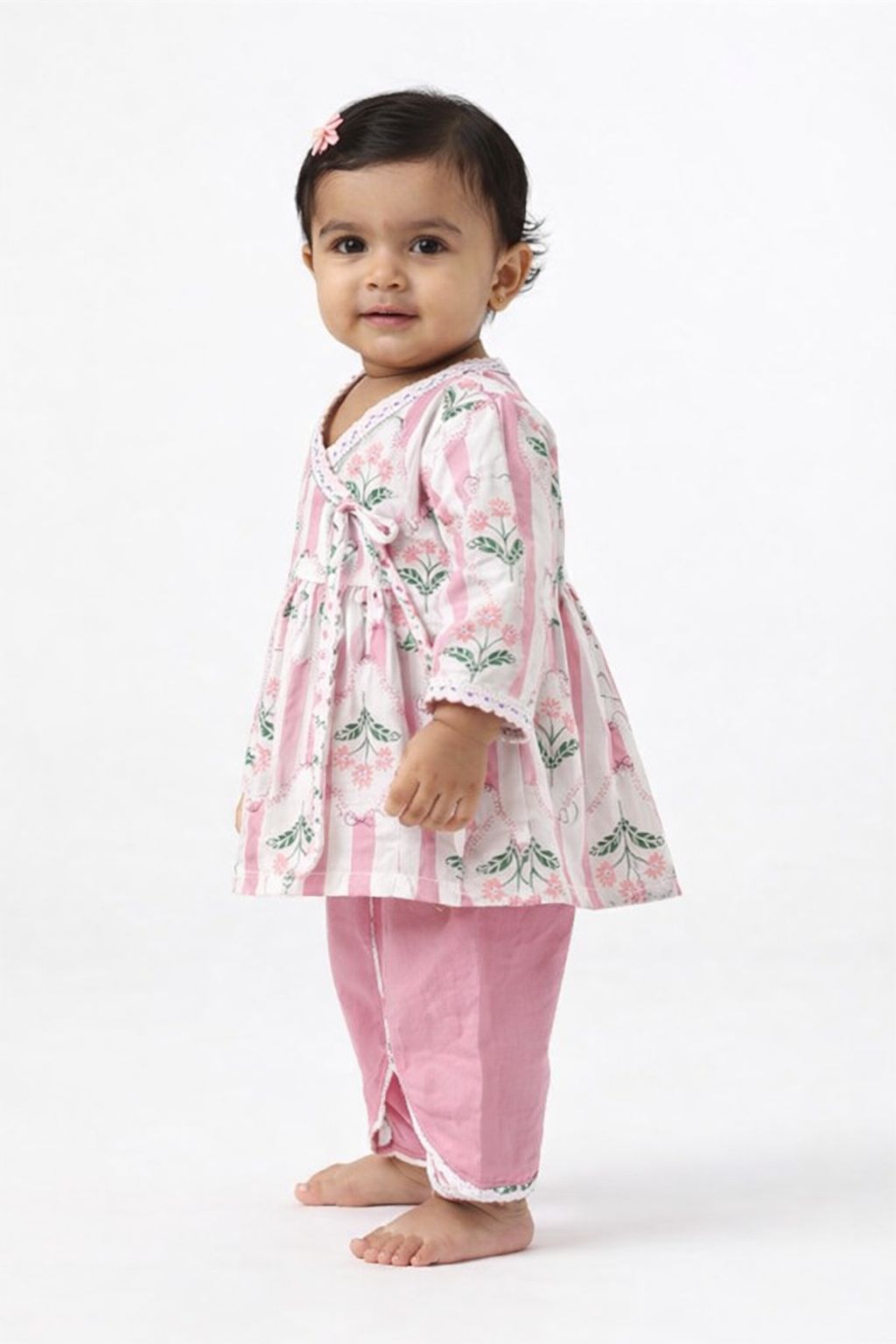 Pspeaches Baby Girls Pink & White Ethnic Booti Print Cotton Angrakha Kurta With Dhoti Pant Set ( Sku-Ing-Pinkbooti )