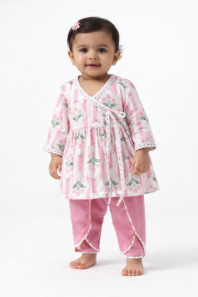 Pspeaches Baby Girls Pink & White Ethnic Booti Print Cotton Angrakha Kurta With Dhoti Pant Set ( Sku-Ing-Pinkbooti )