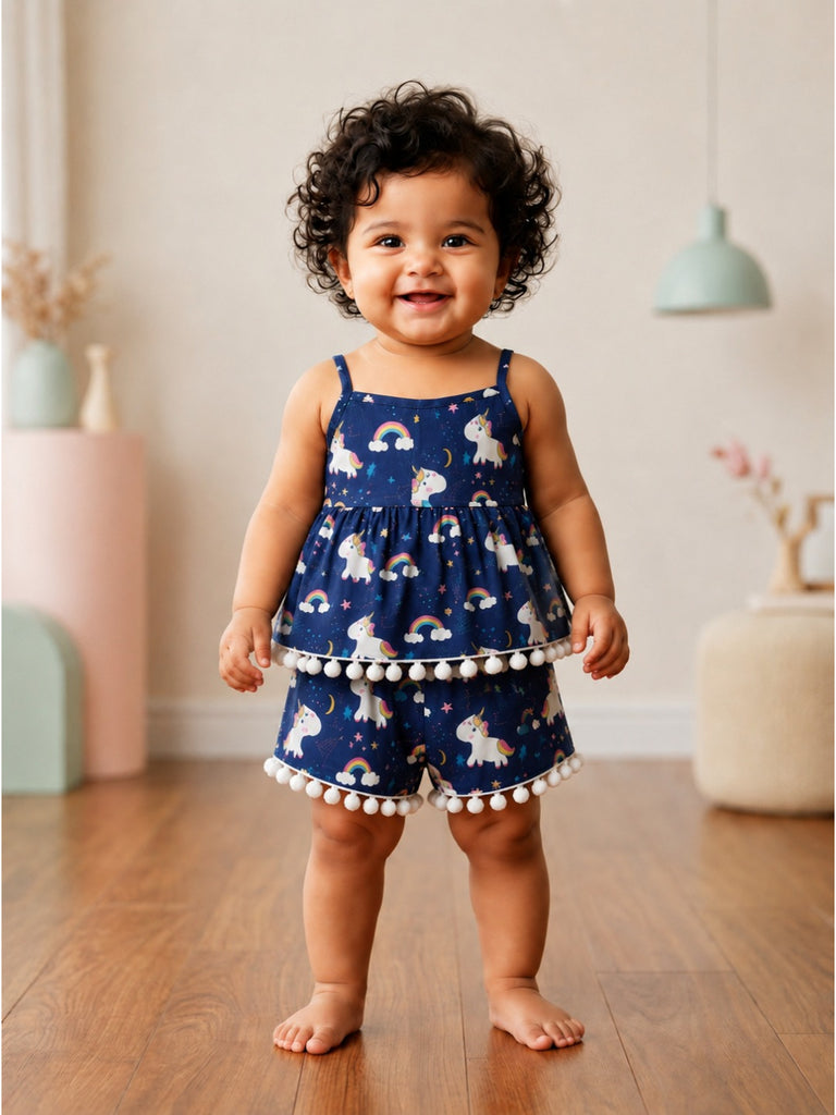 Pspeaches Baby Girl Navy Ethnic Floral Print Rayon Printed A-Line Top With Pant Set