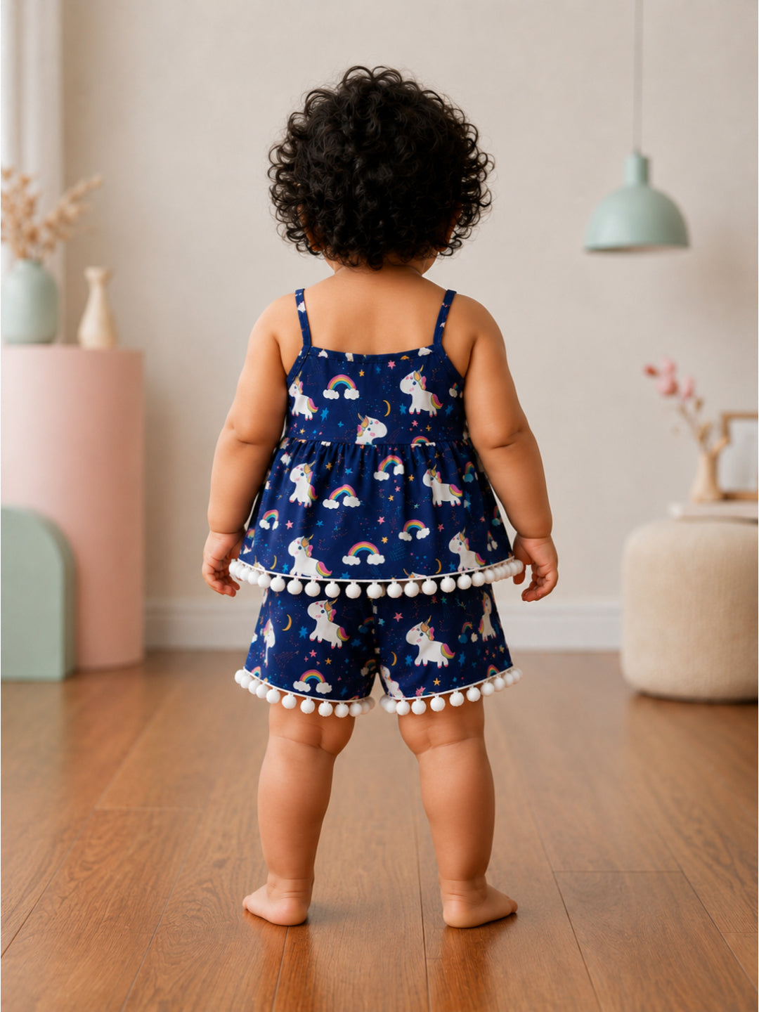 Pspeaches Baby Girl Navy Ethnic Floral Print Rayon Printed A-Line Top With Pant Set