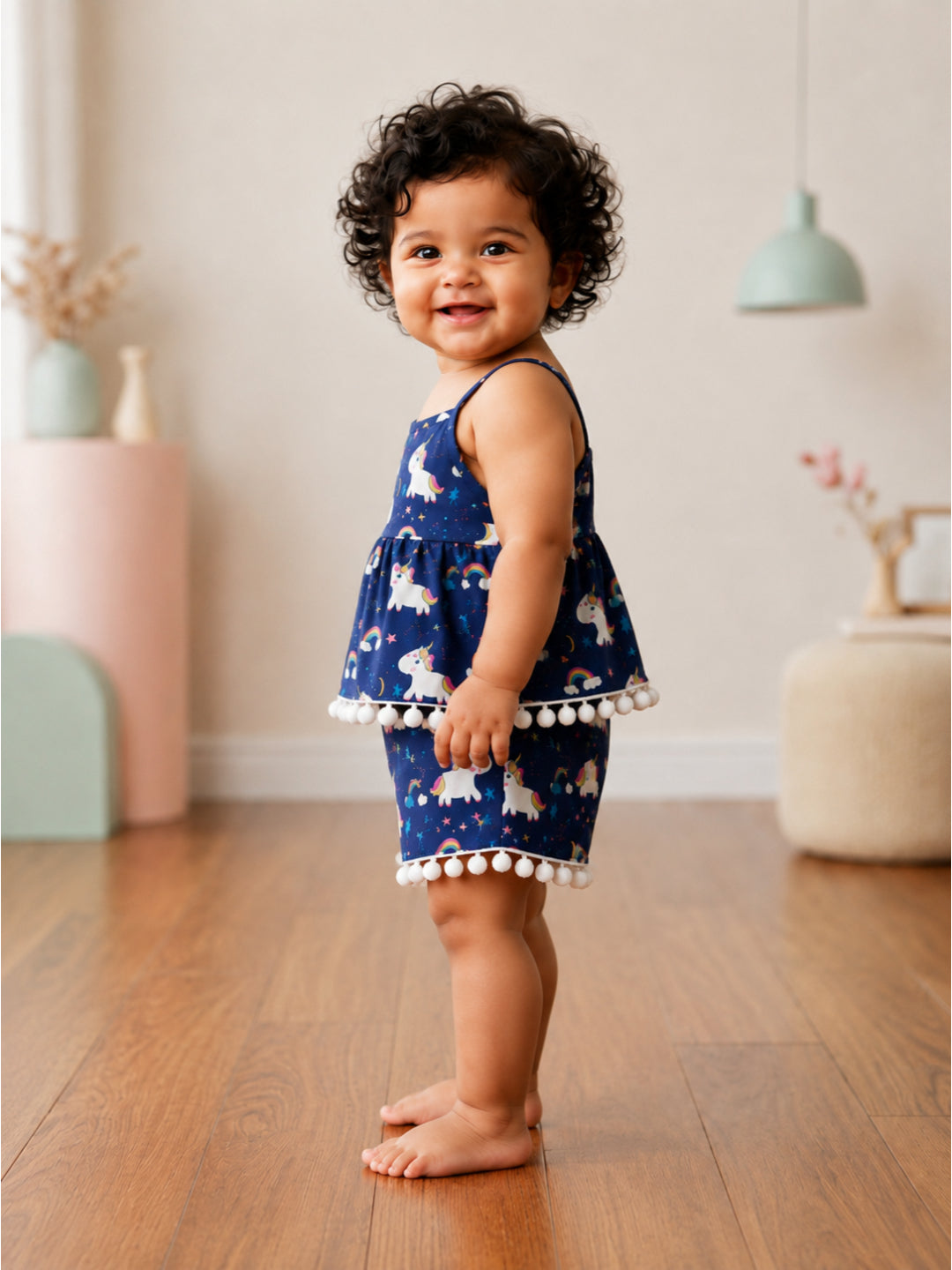 Pspeaches Baby Girl Navy Ethnic Floral Print Rayon Printed A-Line Top With Pant Set