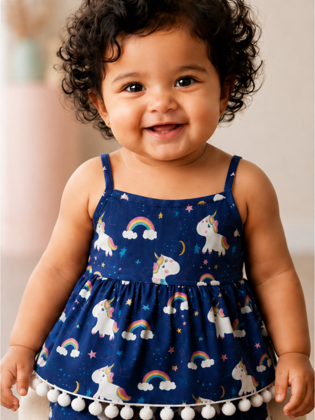 Pspeaches Baby Girl Navy Ethnic Floral Print Rayon Printed A-Line Top With Pant Set