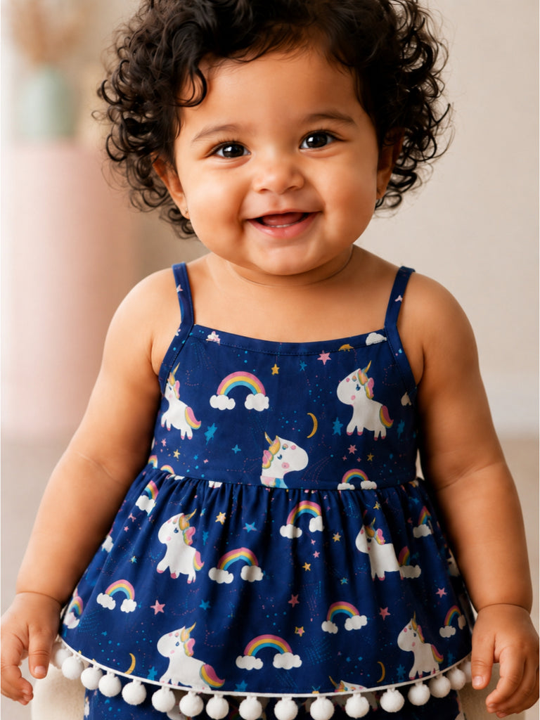 Pspeaches Baby Girl Navy Ethnic Floral Print Rayon Printed A-Line Top With Pant Set