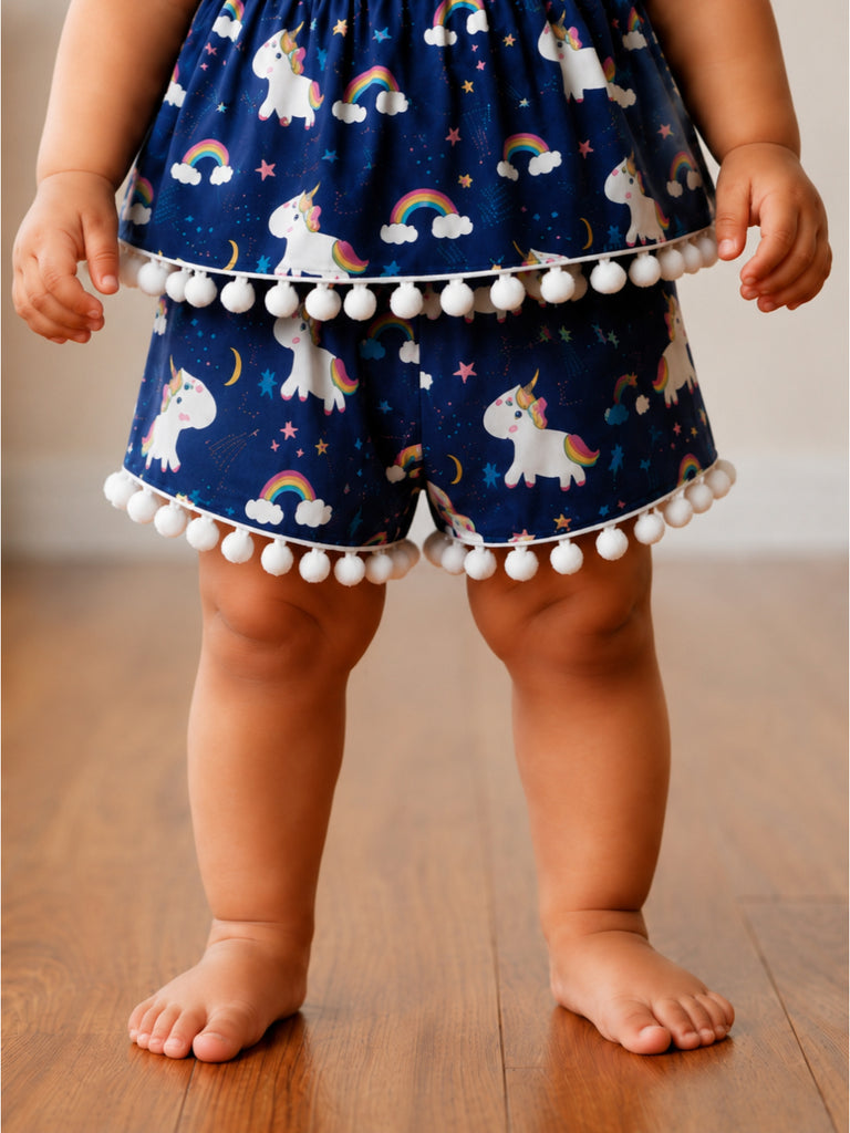 Pspeaches Baby Girl Navy Ethnic Floral Print Rayon Printed A-Line Top With Pant Set