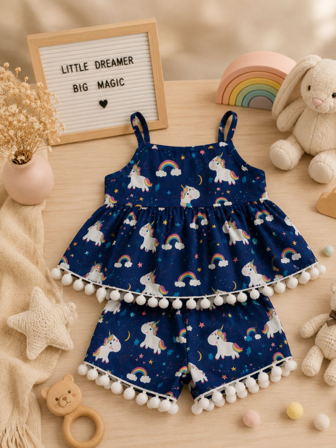Pspeaches Baby Girl Navy Ethnic Floral Print Rayon Printed A-Line Top With Pant Set