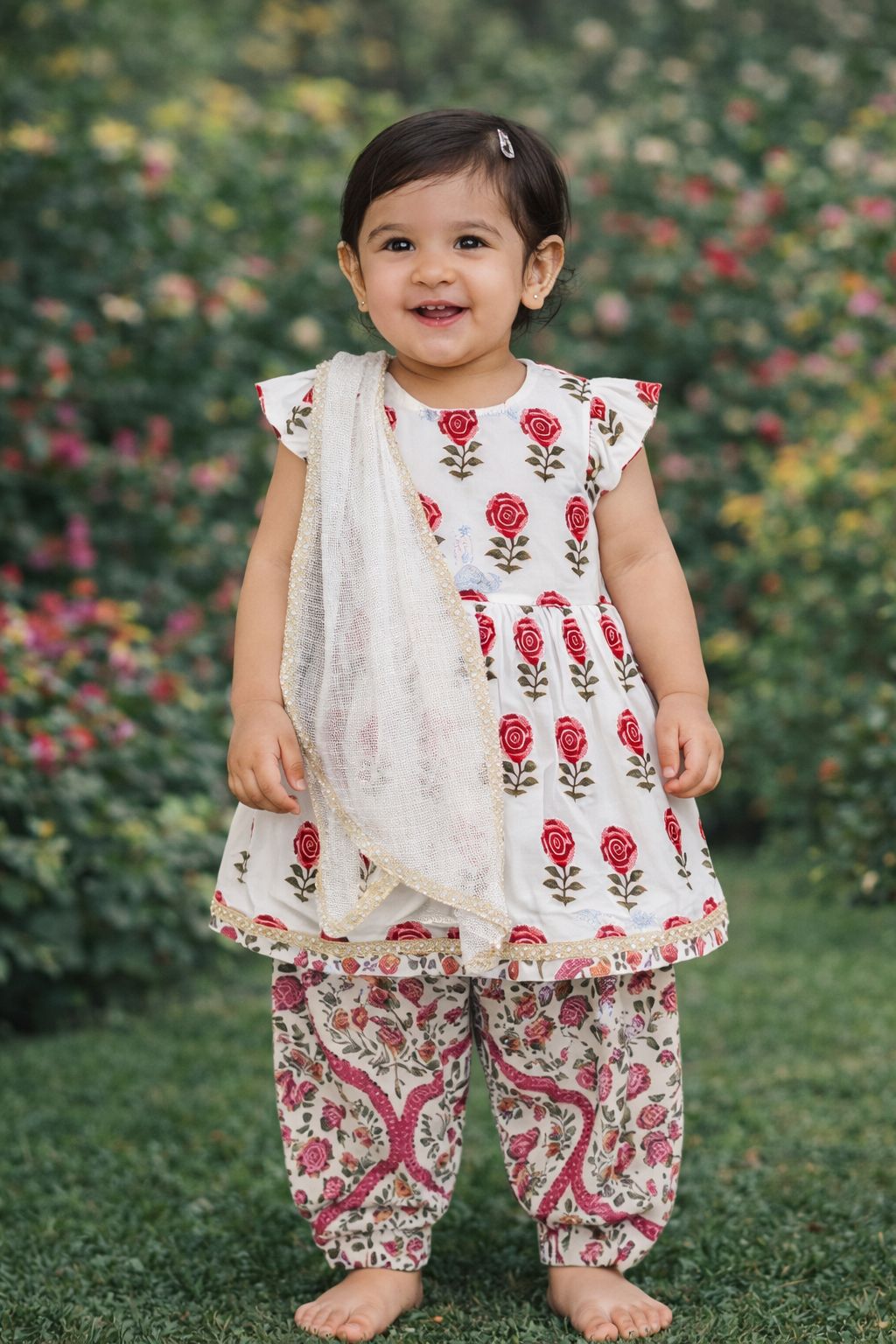 Pspeaches Baby Girls White Ethnic Floral Print Cotton A-Line Kurta & Pant With Dupatta ( Sku-Ing-Whitebooti )