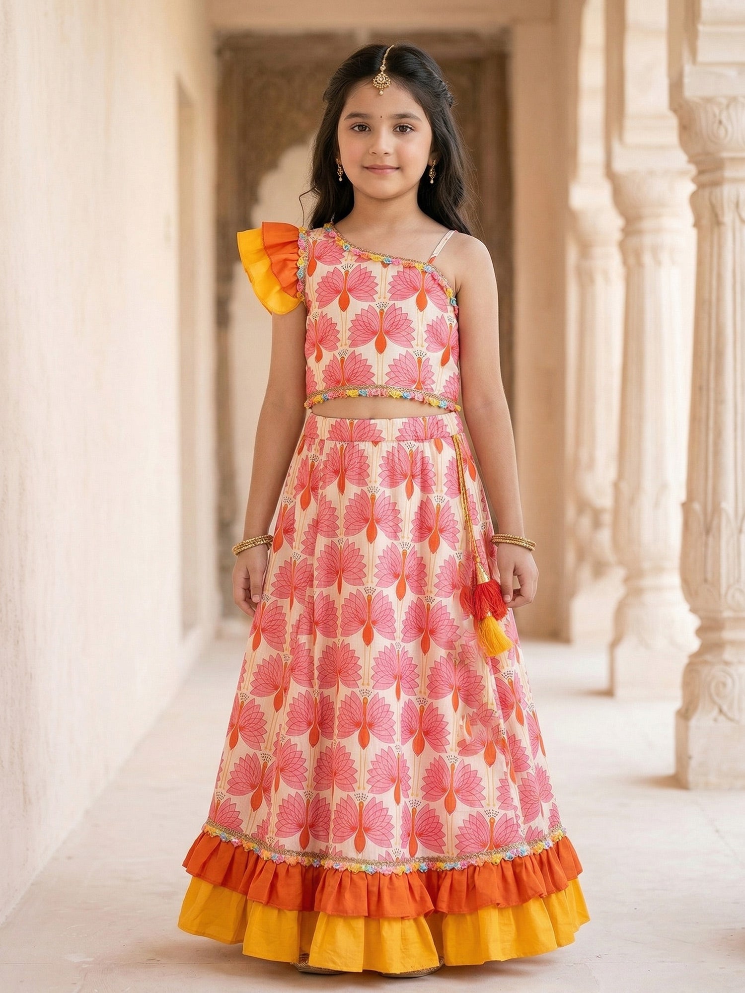Pspeaches Girls Multi Ethnic Peacock Print Cotton Flared Top With Skirt (Sku-iw-orangeoffwhite)