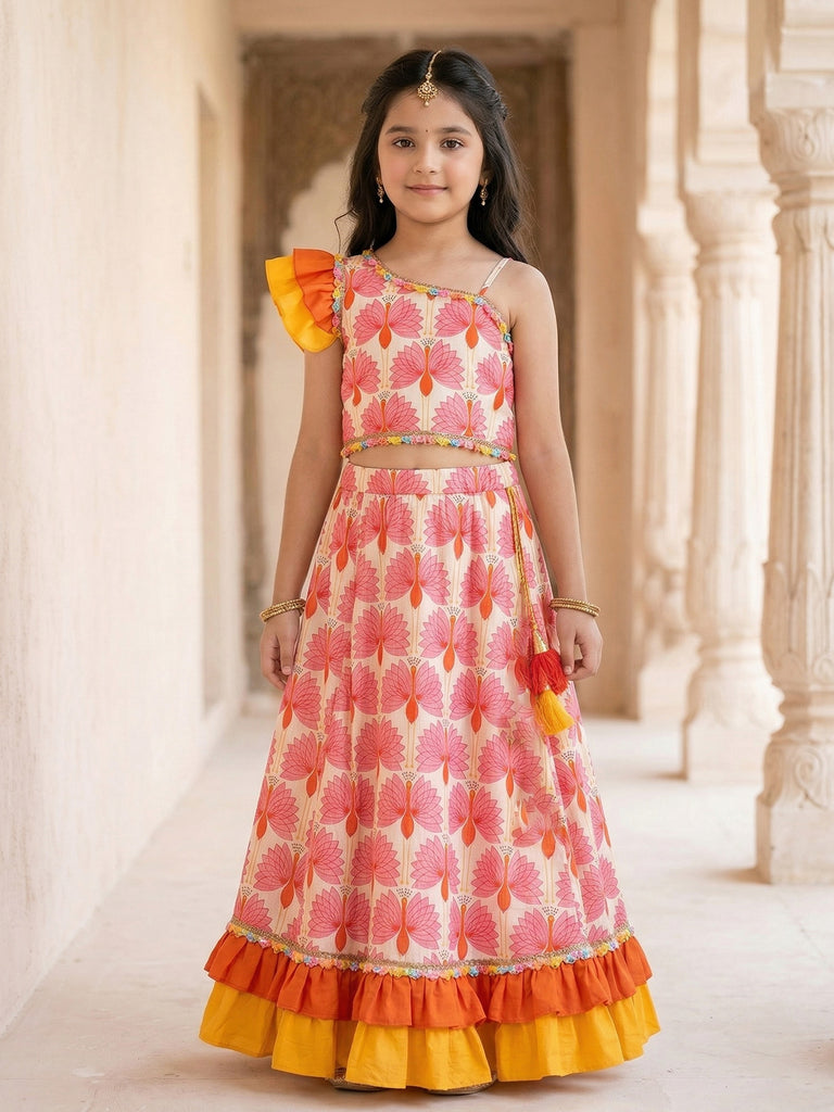 Pspeaches Girls Multi Ethnic Peacock Print Cotton Flared Top With Skirt (Sku-iw-orangeoffwhite)
