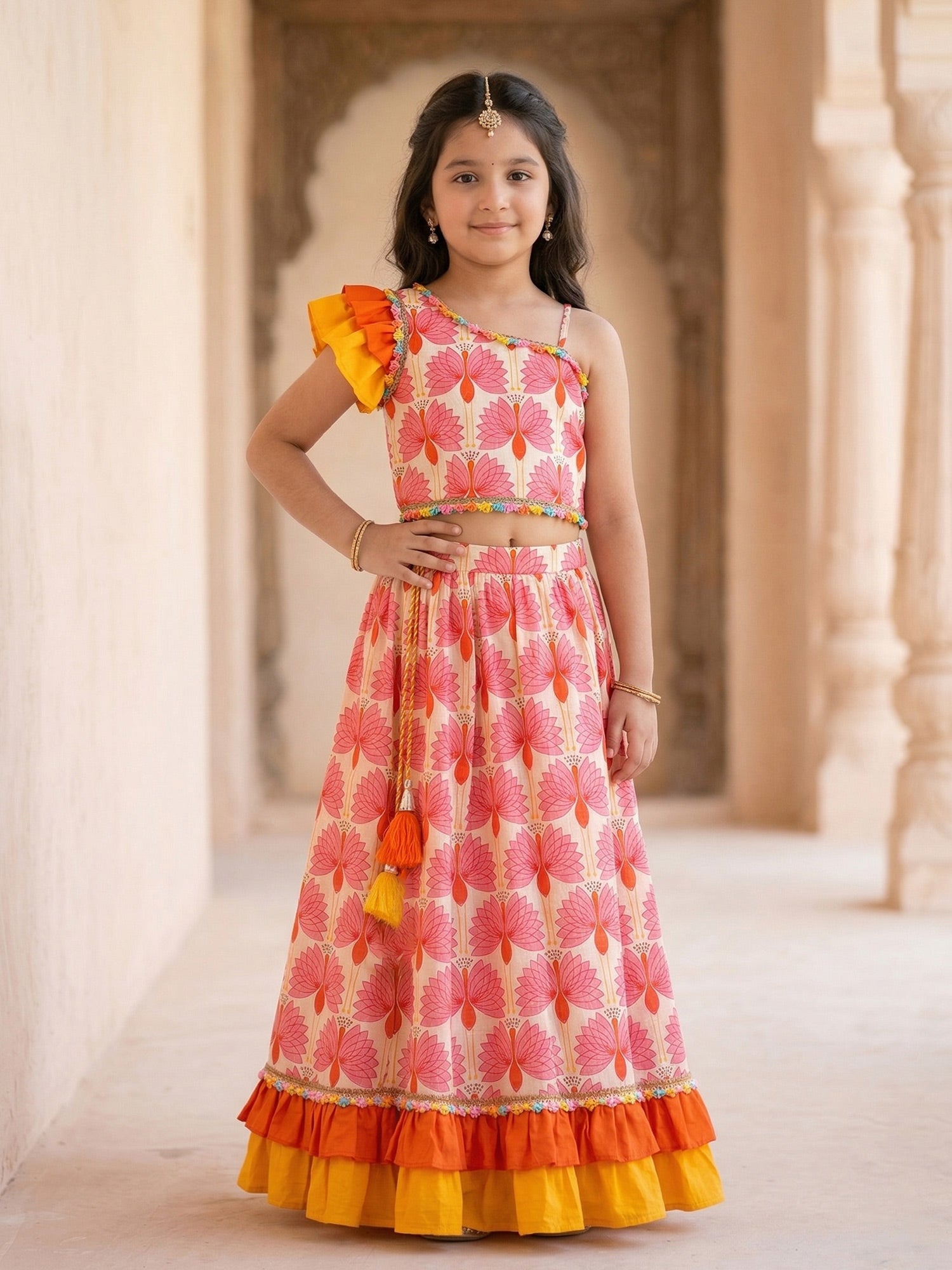 Pspeaches Girls Multi Ethnic Peacock Print Cotton Flared Top With Skirt (Sku-iw-orangeoffwhite)