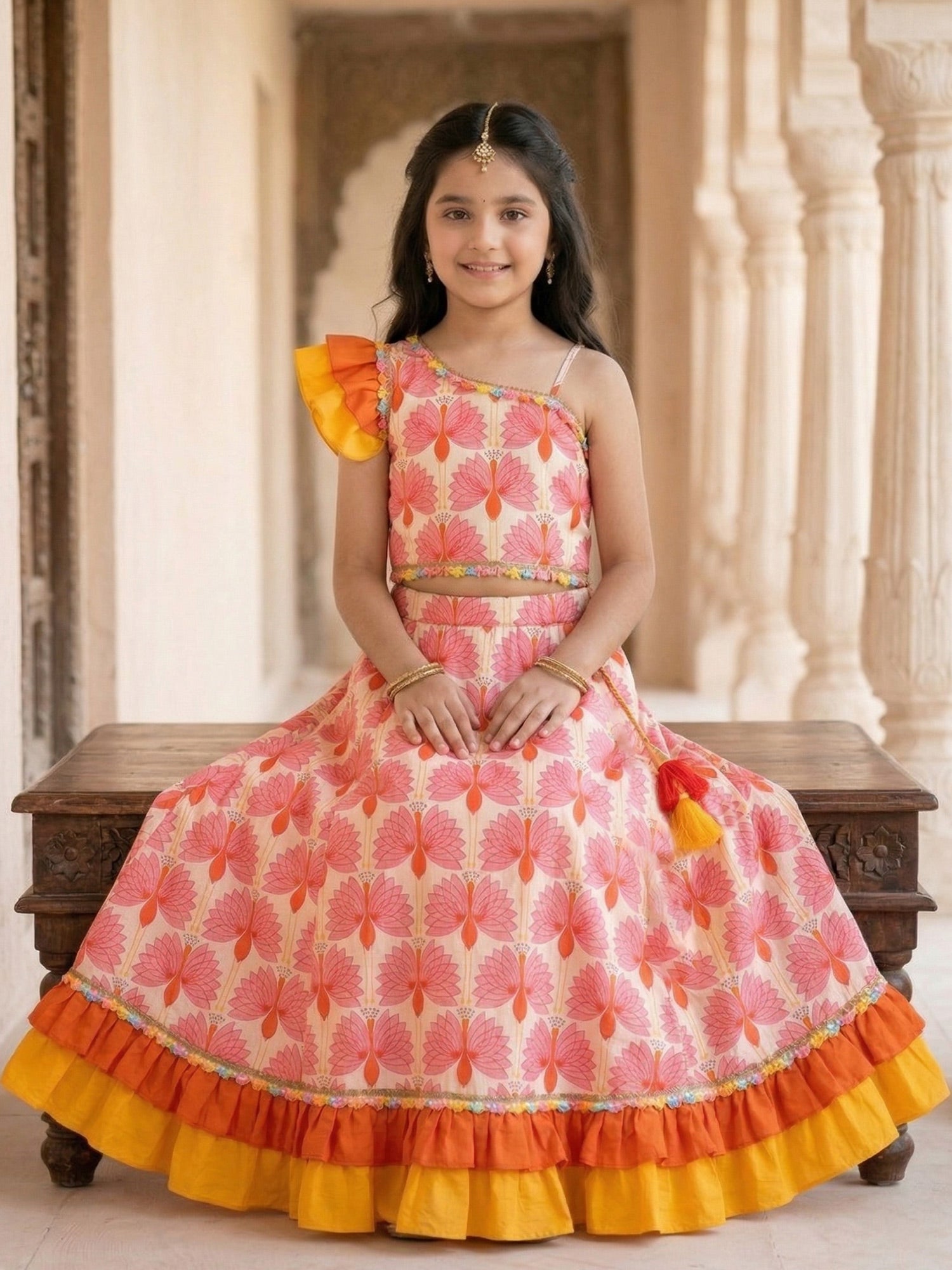 Pspeaches Girls Multi Ethnic Peacock Print Cotton Flared Top With Skirt (Sku-iw-orangeoffwhite)