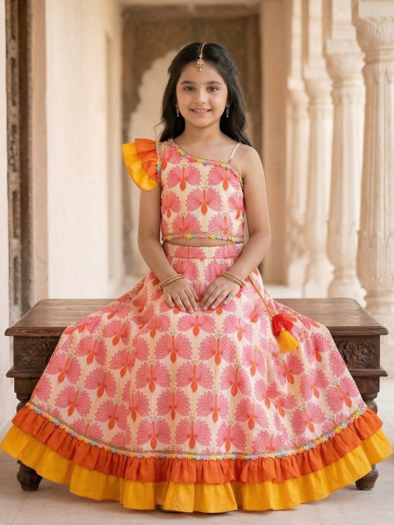 Pspeaches Girls Multi Ethnic Peacock Print Cotton Flared Top With Skirt (Sku-iw-orangeoffwhite)