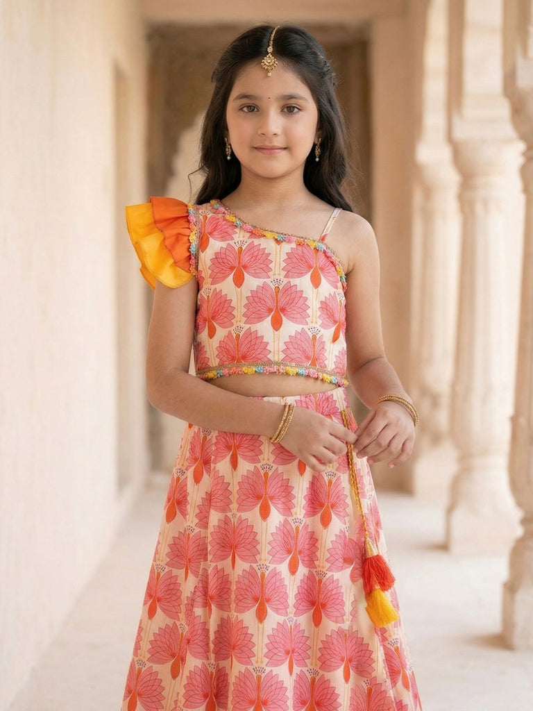 Pspeaches Girls Multi Ethnic Peacock Print Cotton Flared Top With Skirt (Sku-iw-orangeoffwhite)