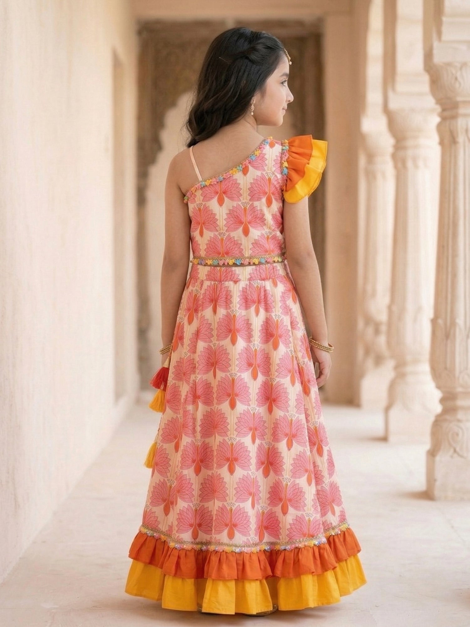 Pspeaches Girls Multi Ethnic Peacock Print Cotton Flared Top With Skirt (Sku-iw-orangeoffwhite)