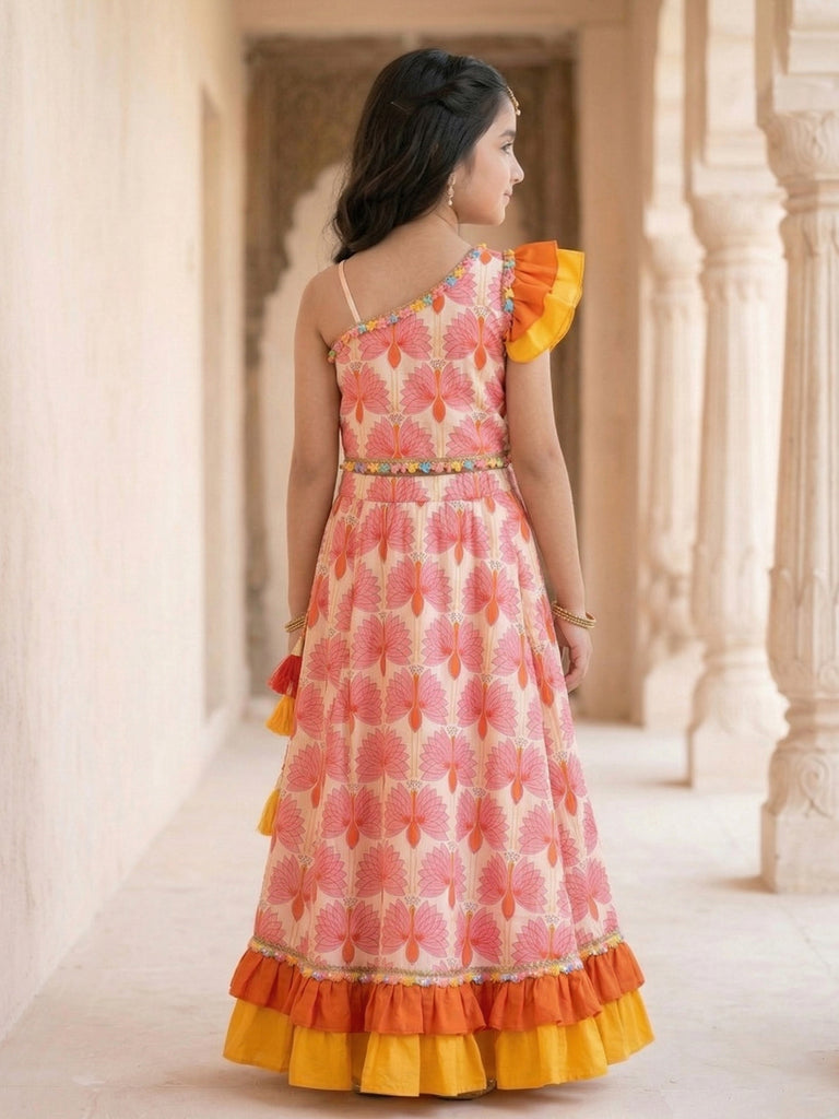 Pspeaches Girls Multi Ethnic Peacock Print Cotton Flared Top With Skirt (Sku-iw-orangeoffwhite)