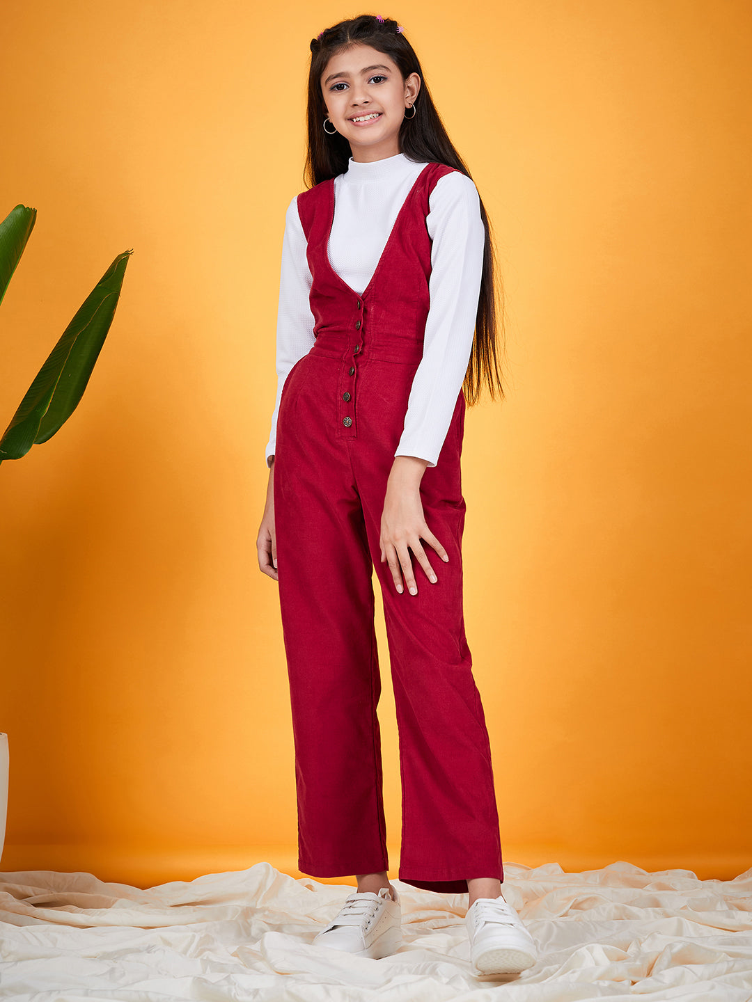Girls V-Neck Sleeveless Pure Cotton Basic Jumpsuit (s-burcord)