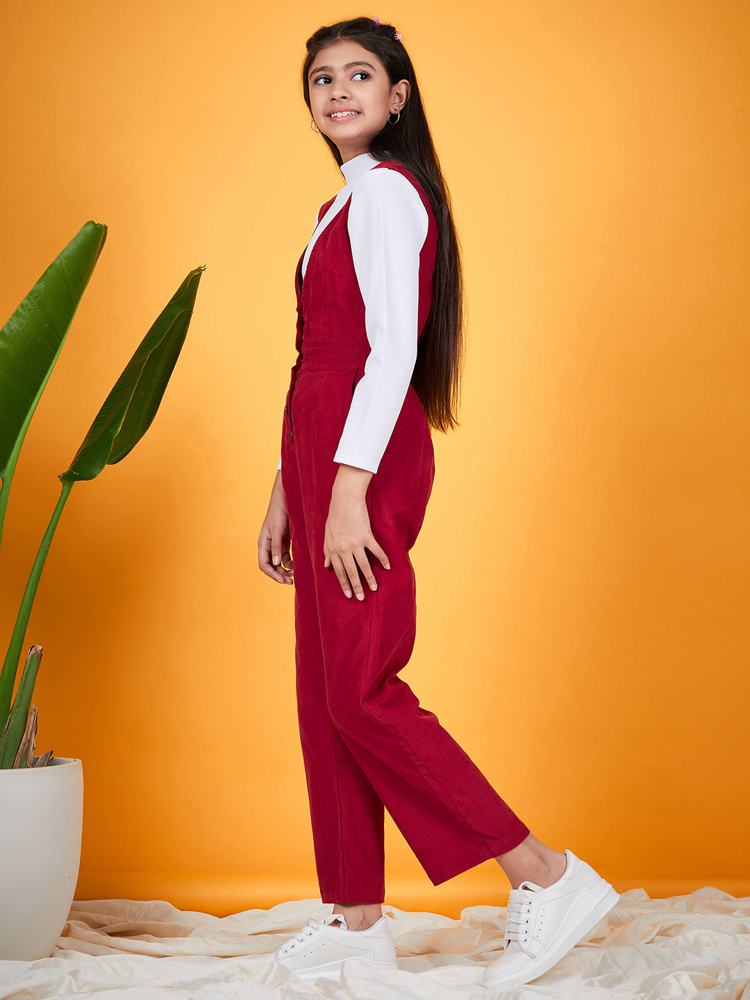 Girls V-Neck Sleeveless Pure Cotton Basic Jumpsuit (s-burcord)