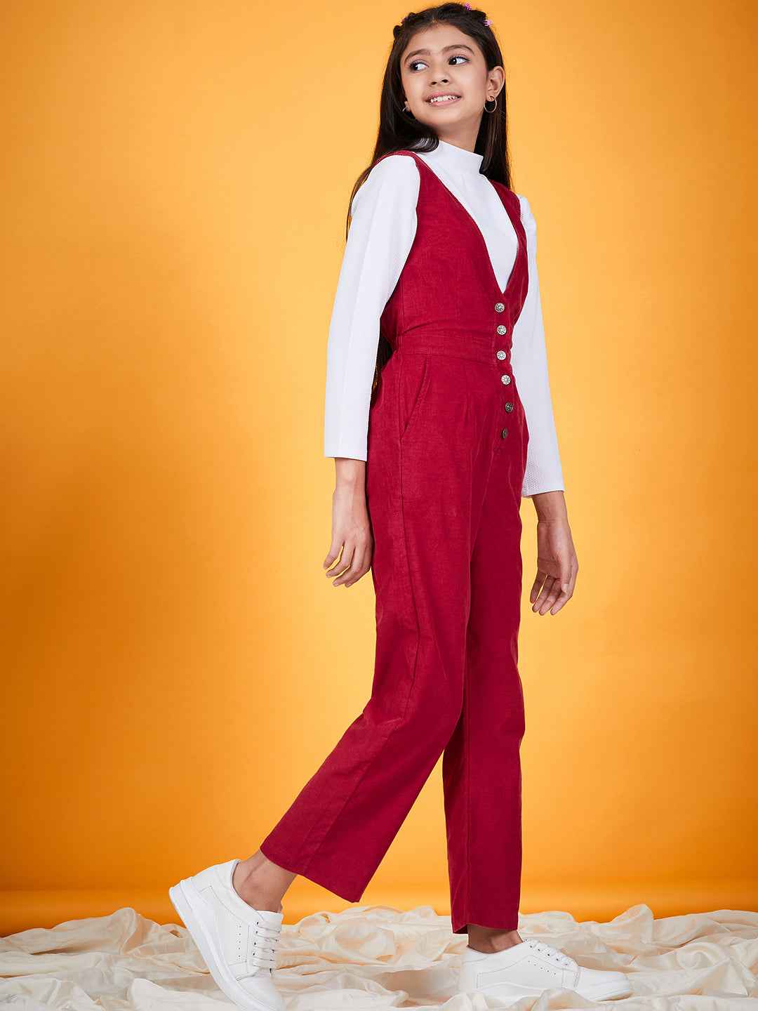 Girls V-Neck Sleeveless Pure Cotton Basic Jumpsuit (s-burcord)