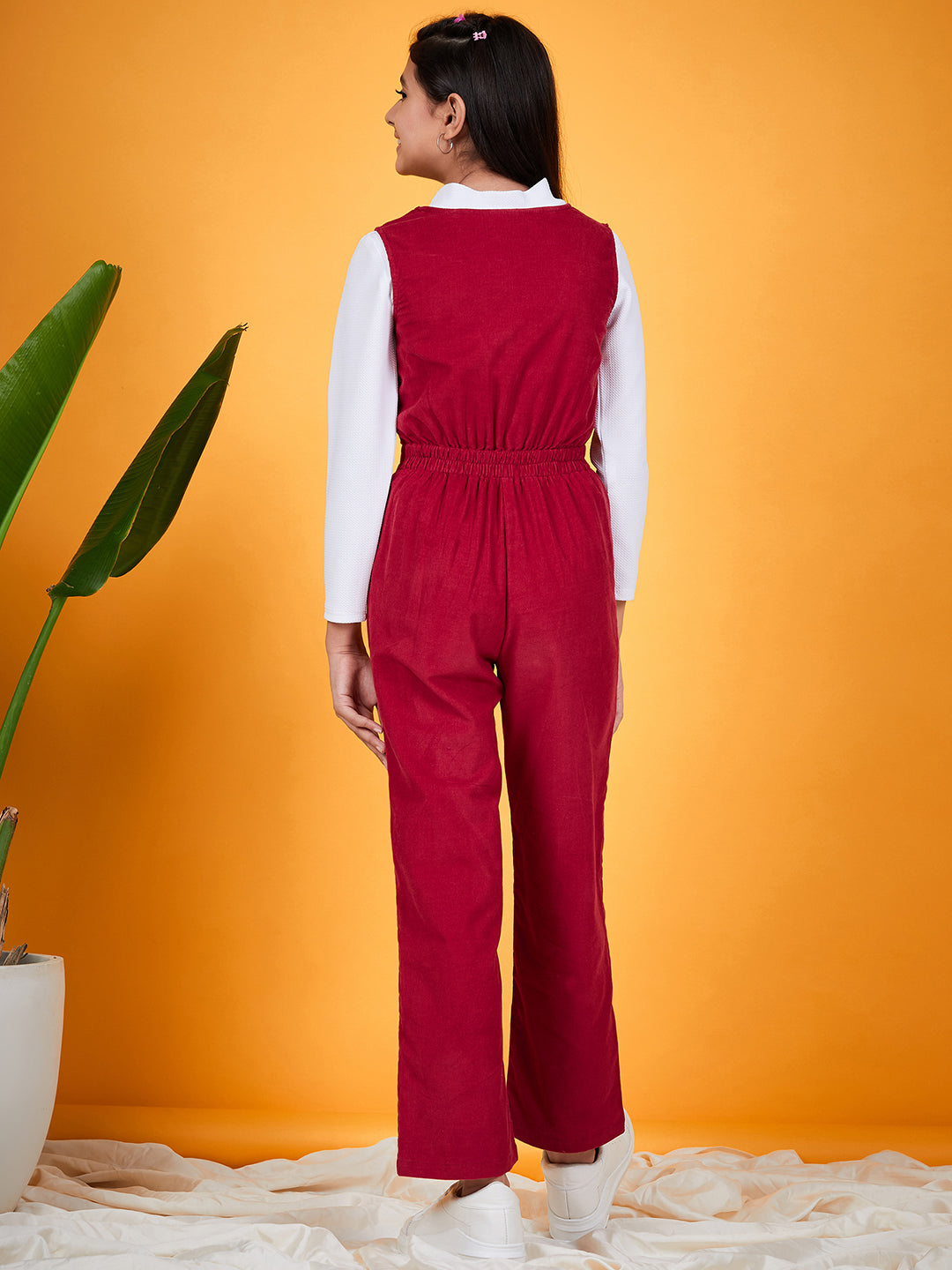 Girls V-Neck Sleeveless Pure Cotton Basic Jumpsuit (s-burcord)