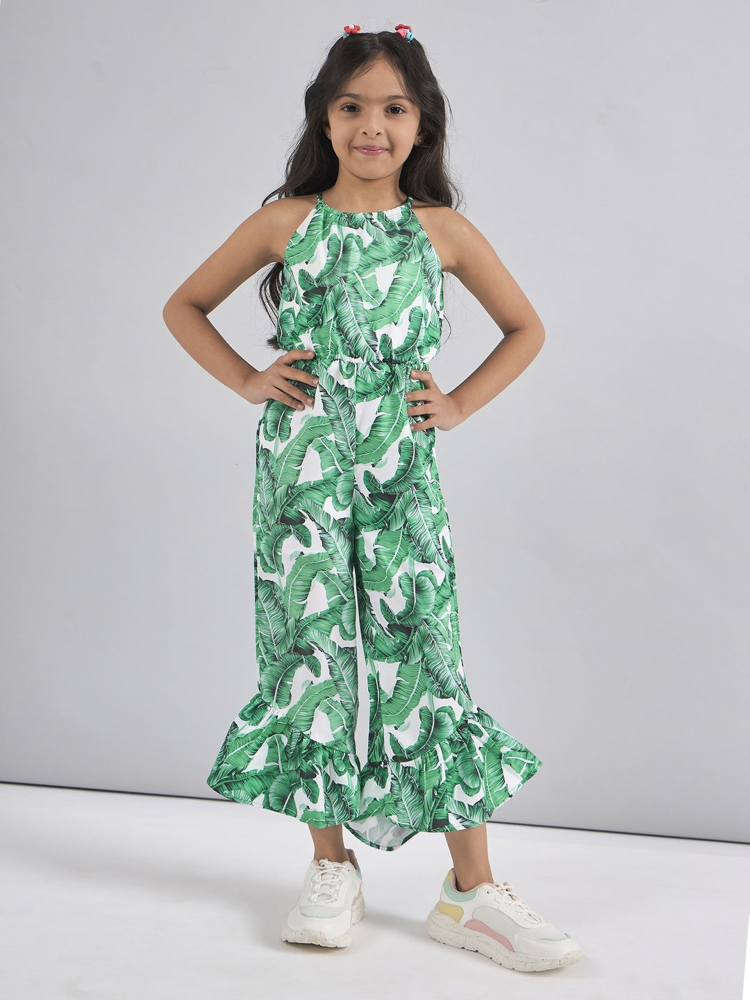 Girls Halter Neck Printed Silk Basic Jumpsuit (j-greenleaf)