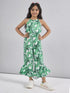 Girls Halter Neck Printed Silk Basic Jumpsuit (j-greenleaf)