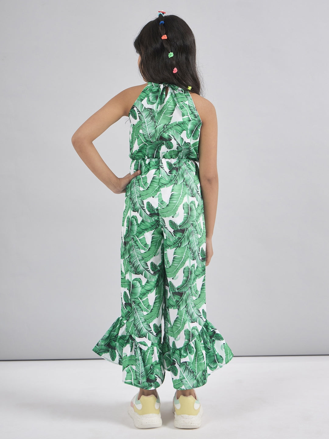 Girls Halter Neck Printed Silk Basic Jumpsuit (j-greenleaf)