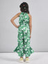 Girls Halter Neck Printed Silk Basic Jumpsuit (j-greenleaf)