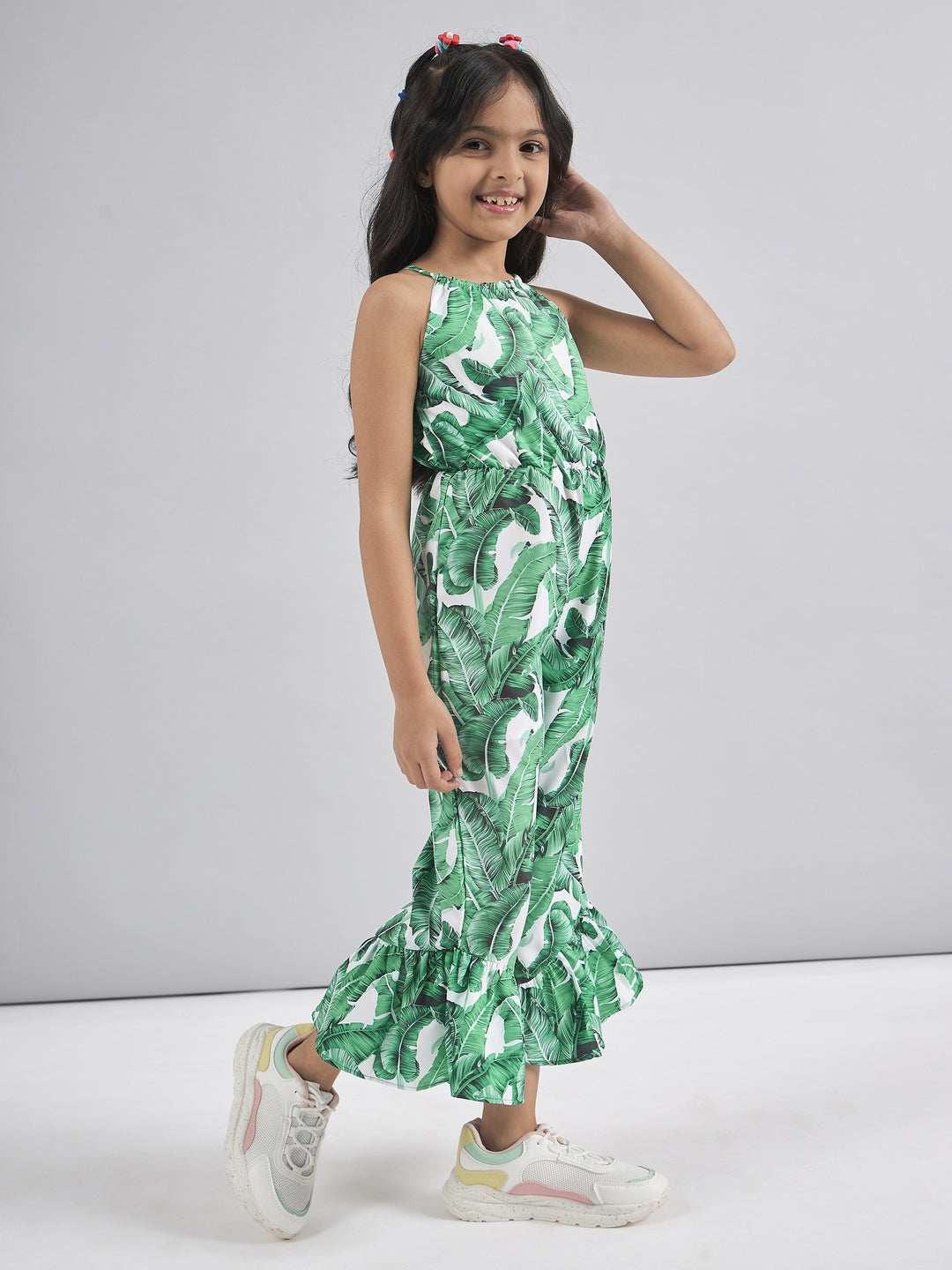 Girls Halter Neck Printed Silk Basic Jumpsuit (j-greenleaf)