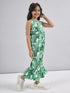Girls Halter Neck Printed Silk Basic Jumpsuit (j-greenleaf)