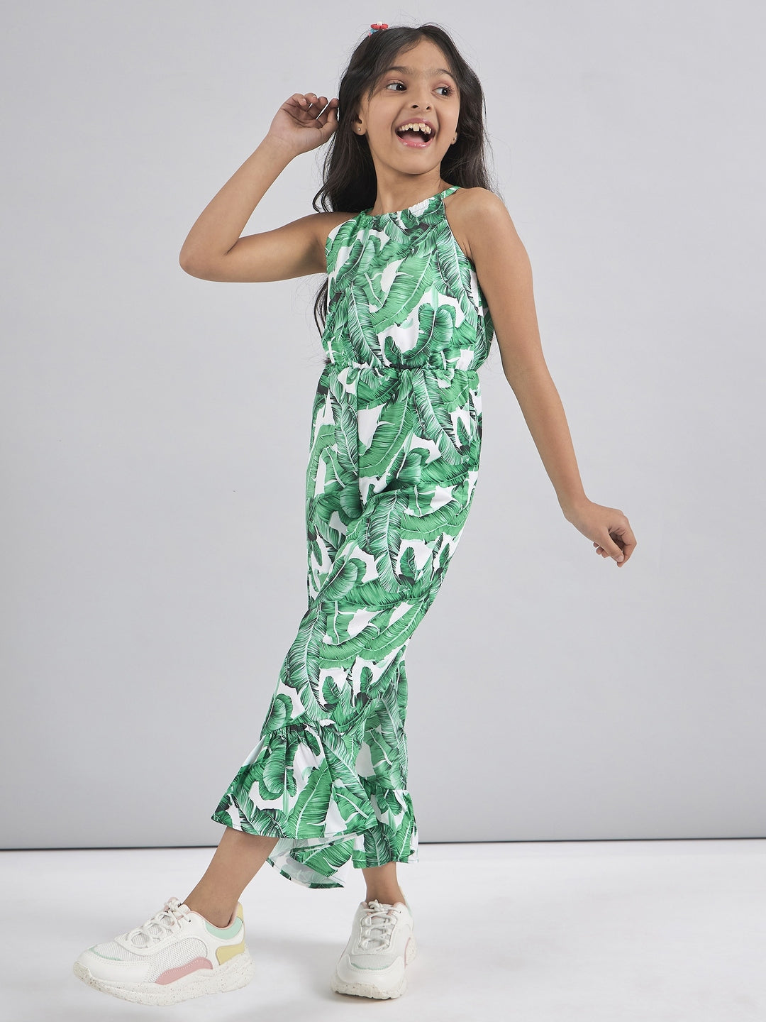 Girls Halter Neck Printed Silk Basic Jumpsuit (j-greenleaf)
