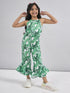 Girls Halter Neck Printed Silk Basic Jumpsuit (j-greenleaf)