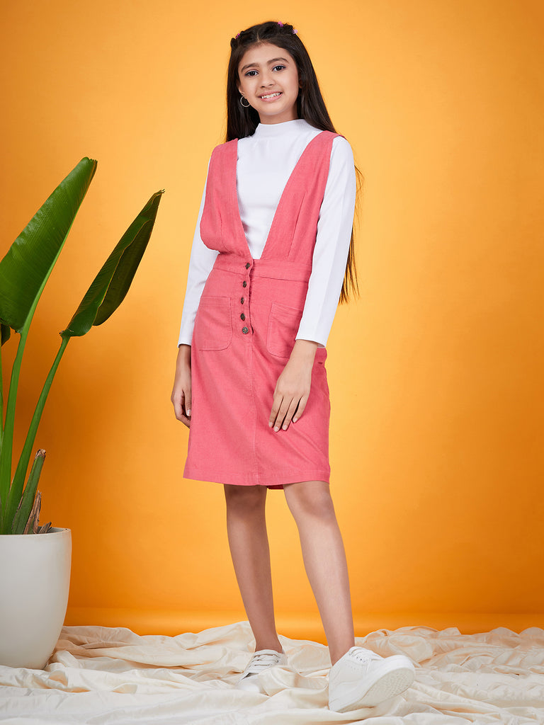 Girls V-Neck Sleeveless Pinafore With T-Shirt (s-pinkcord)