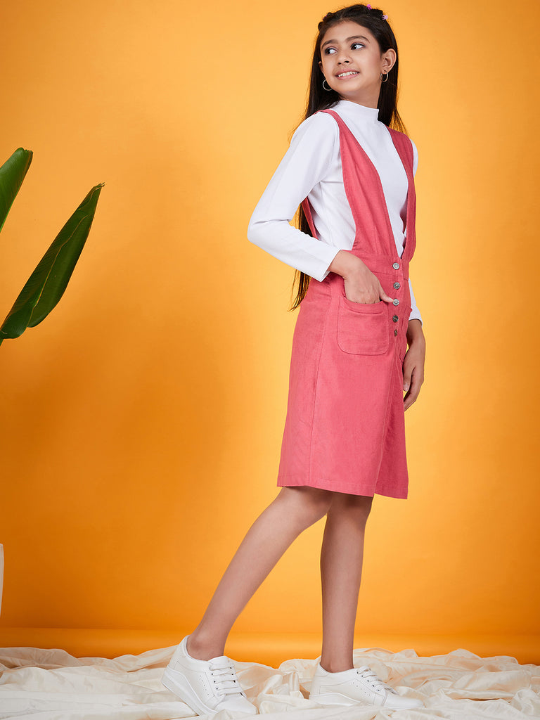 Girls V-Neck Sleeveless Pinafore With T-Shirt (s-pinkcord)