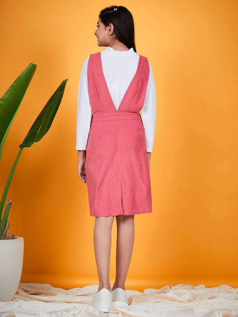 Girls V-Neck Sleeveless Pinafore With T-Shirt (s-pinkcord)