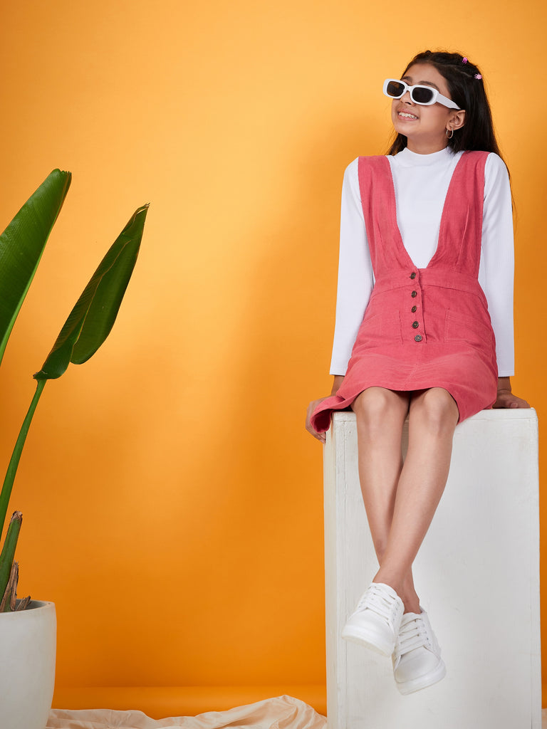 Girls V-Neck Sleeveless Pinafore With T-Shirt (s-pinkcord)