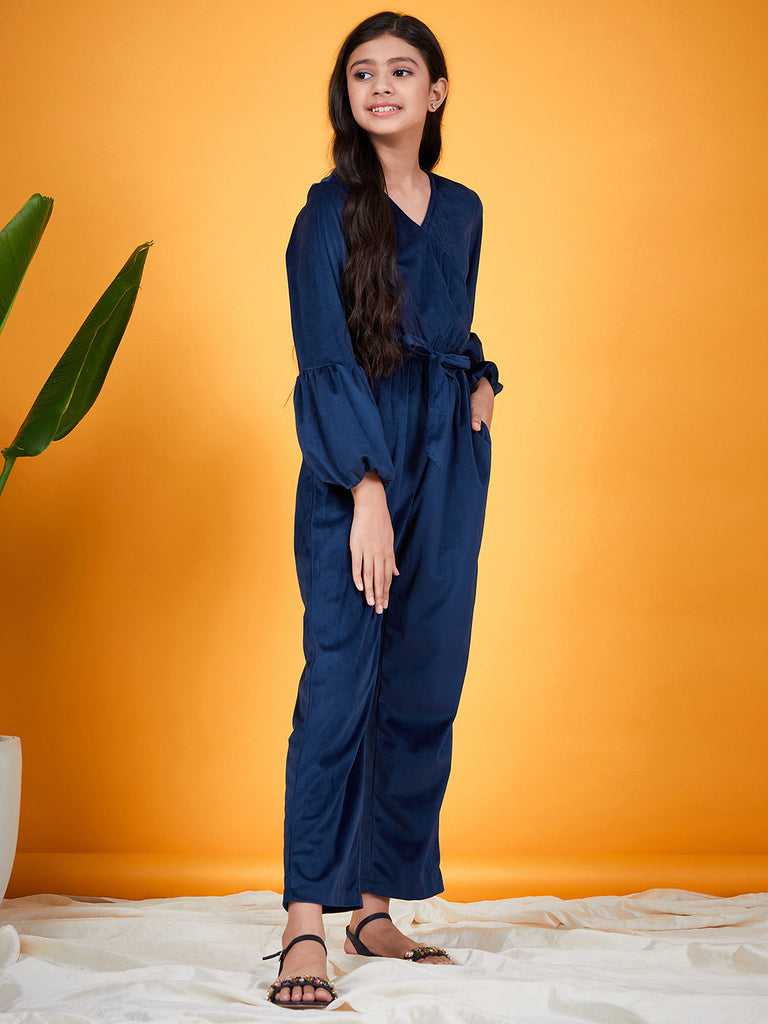 Girls Puff Sleeves Waist Tie Ups Basic Jumpsuit (j-velnavy)