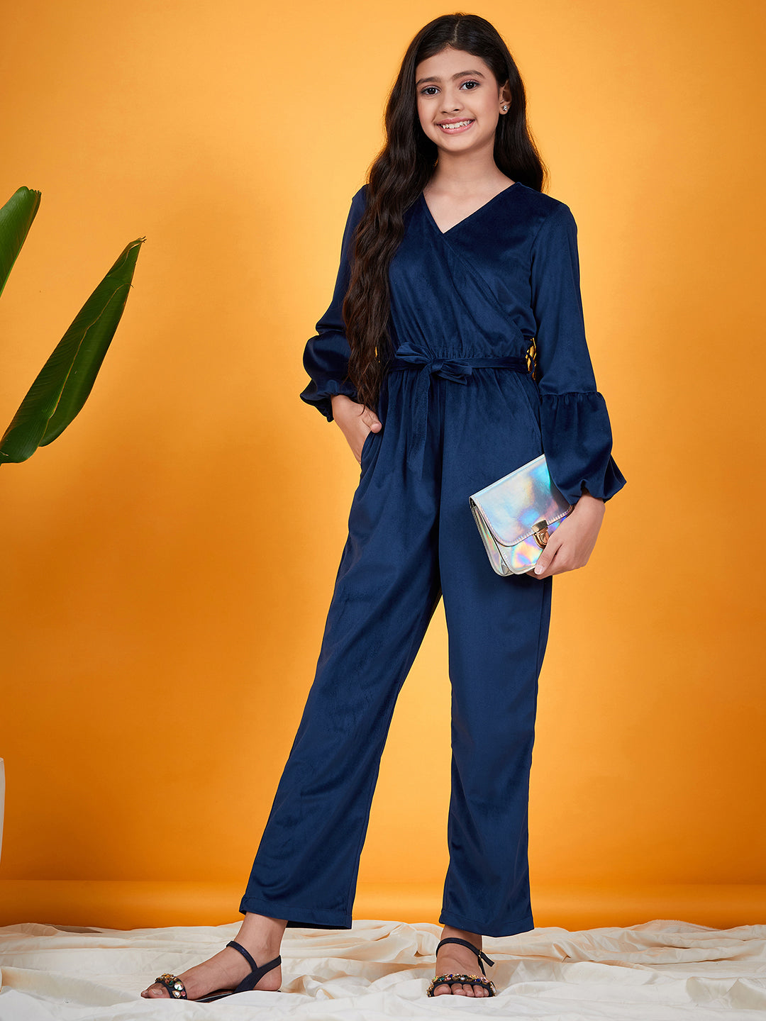 Girls Puff Sleeves Waist Tie Ups Basic Jumpsuit (j-velnavy)