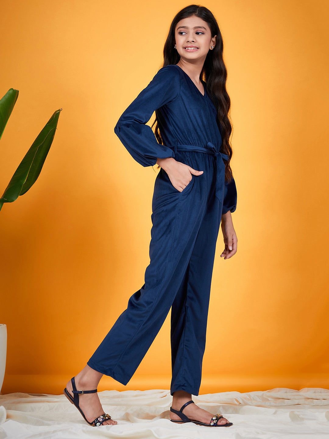 Girls Puff Sleeves Waist Tie Ups Basic Jumpsuit (j-velnavy)