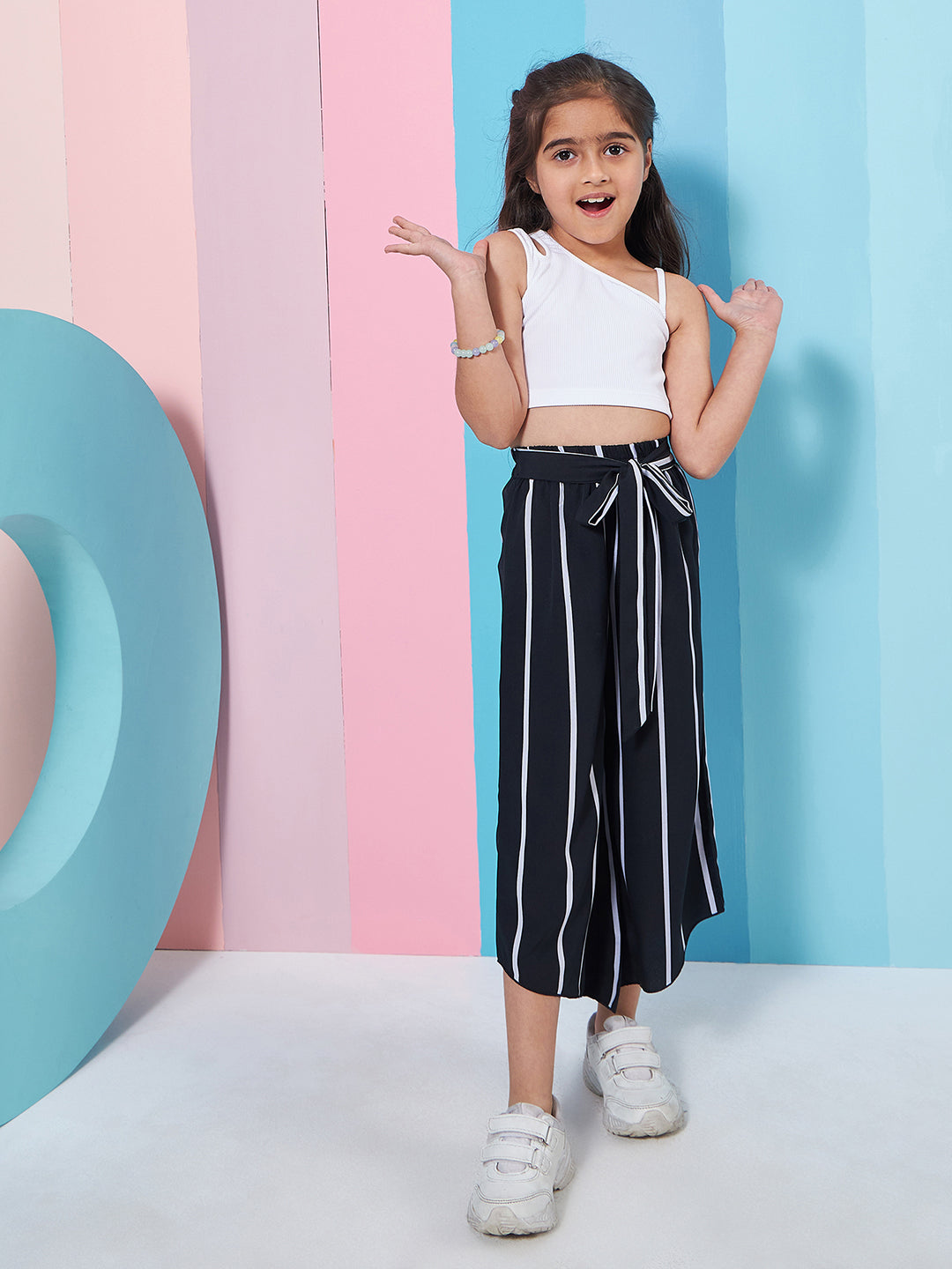 Girls Pure Cotton Crop Top With Trousers (s-blackstripe)