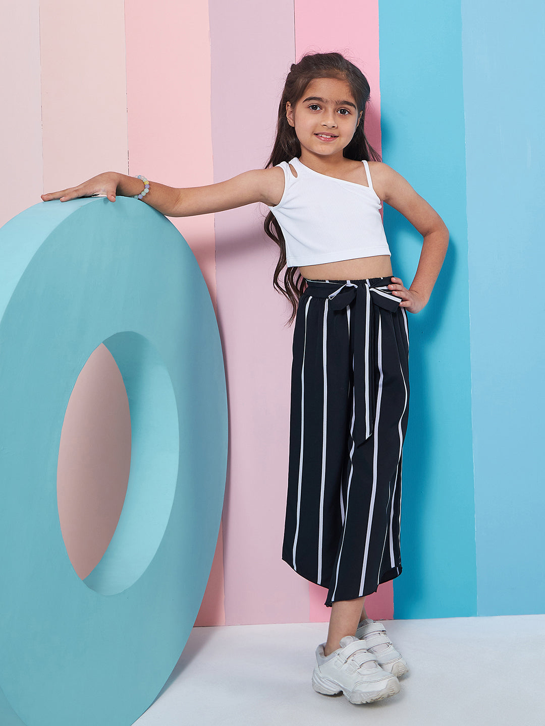 Girls Pure Cotton Crop Top With Trousers (s-blackstripe)