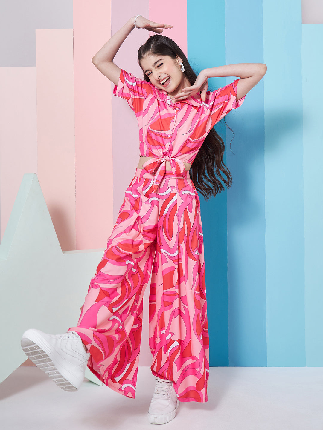 Girls Abstract Printed Top With Palazzos (s-fuschiaab)