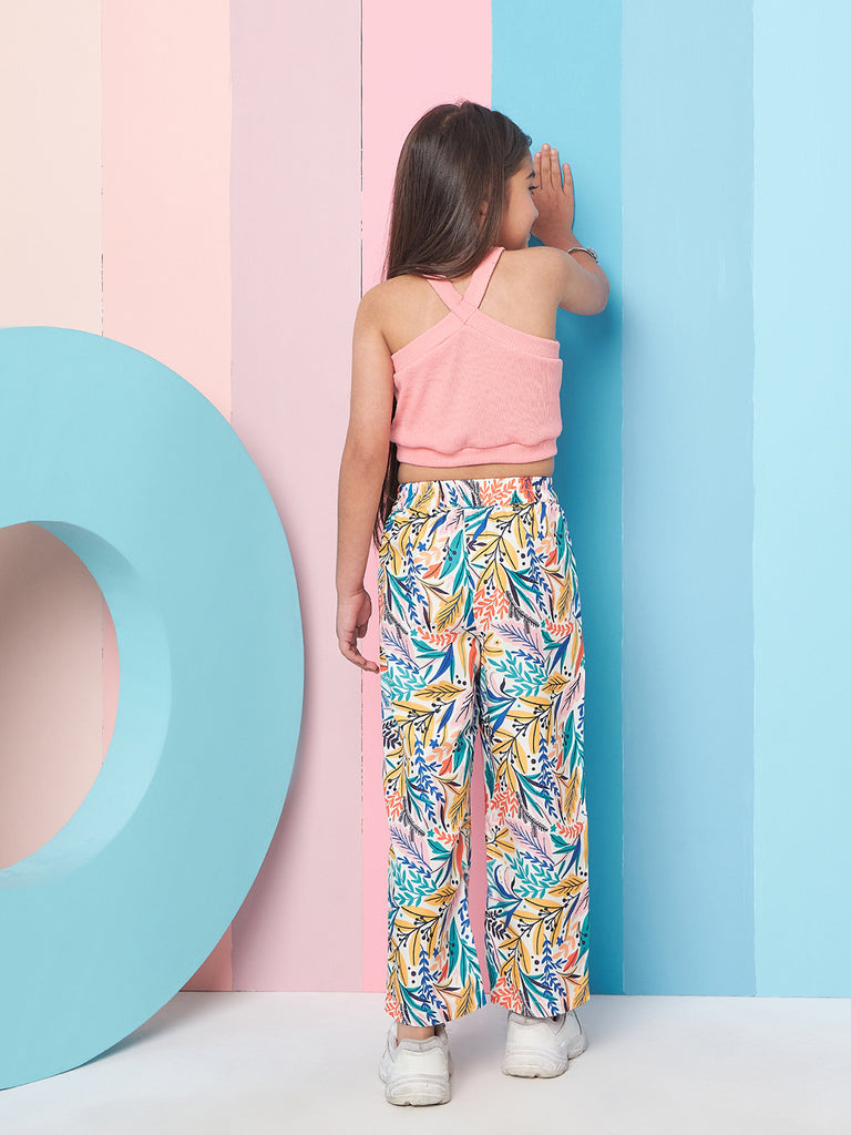 Girls Sleeveless Top With Tropical Printed Trouser (s-multipink)