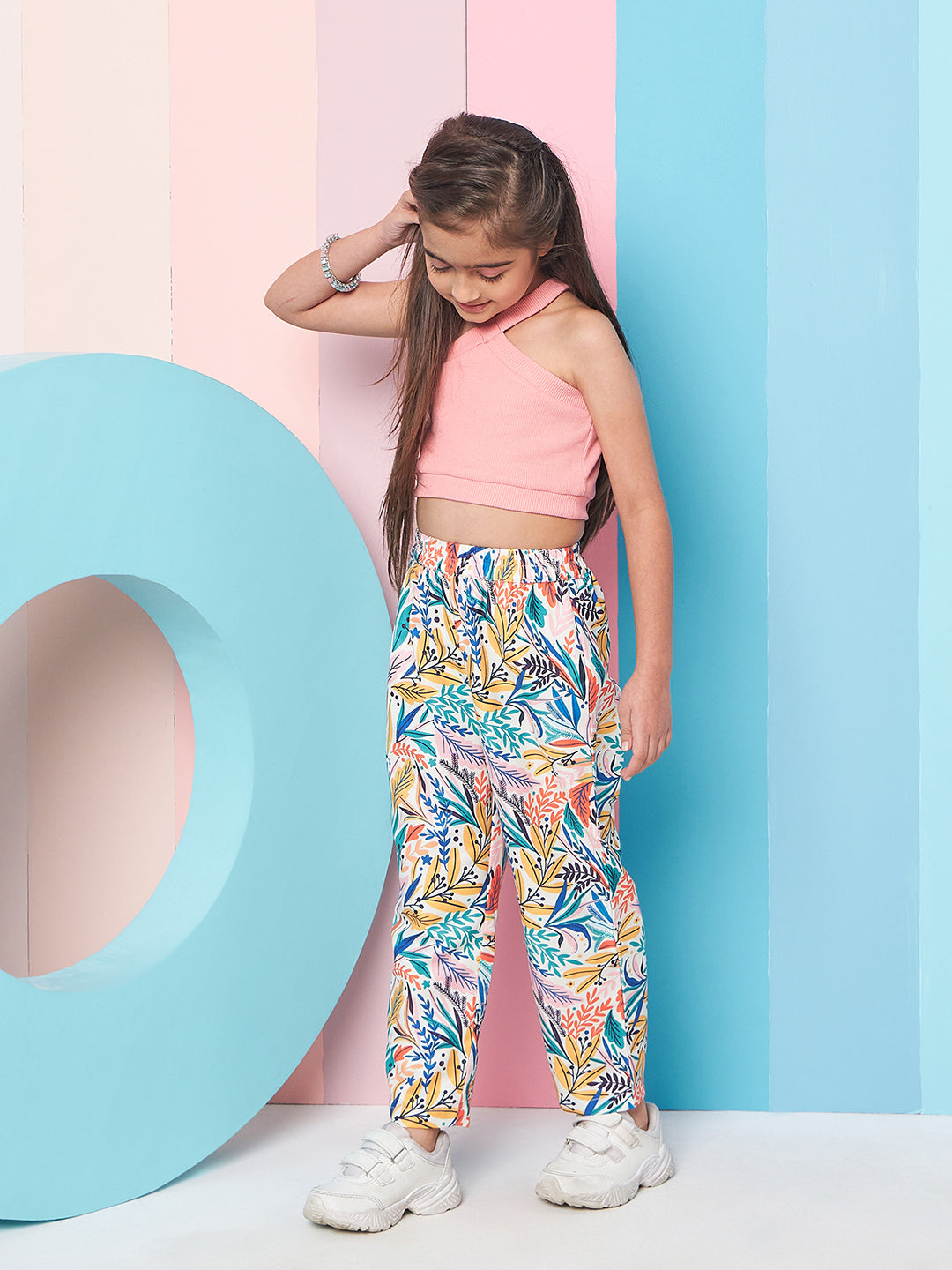 Girls Sleeveless Top With Tropical Printed Trouser (s-multipink)