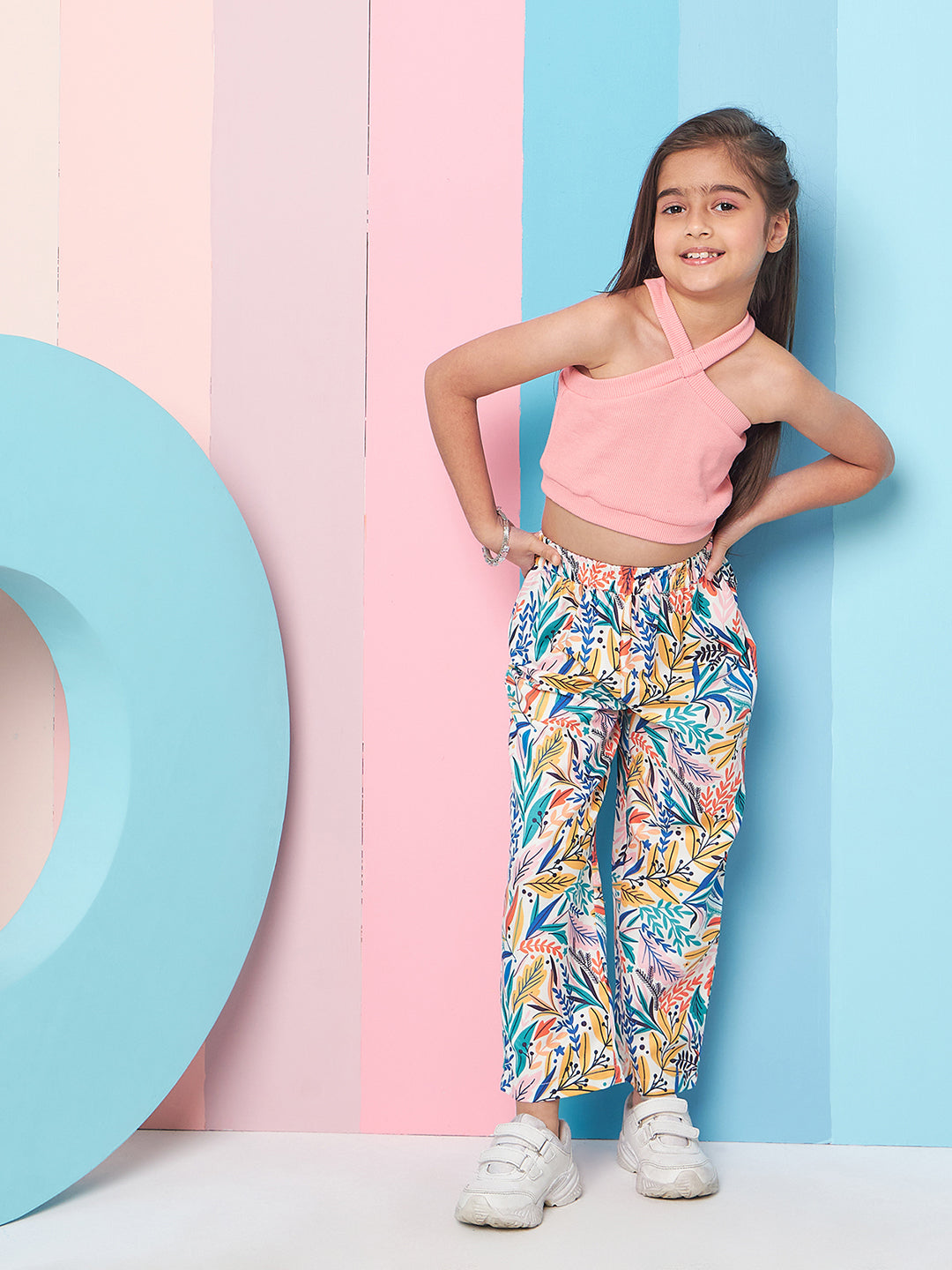 Girls Sleeveless Top With Tropical Printed Trouser (s-multipink)