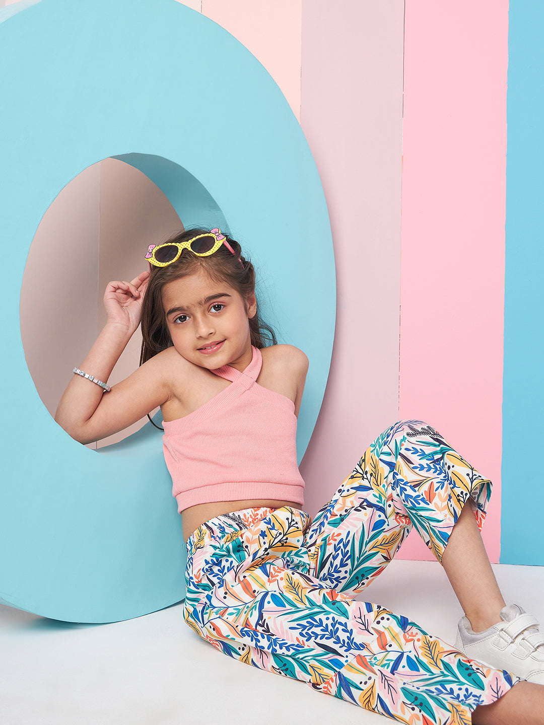 Girls Sleeveless Top With Tropical Printed Trouser (s-multipink)